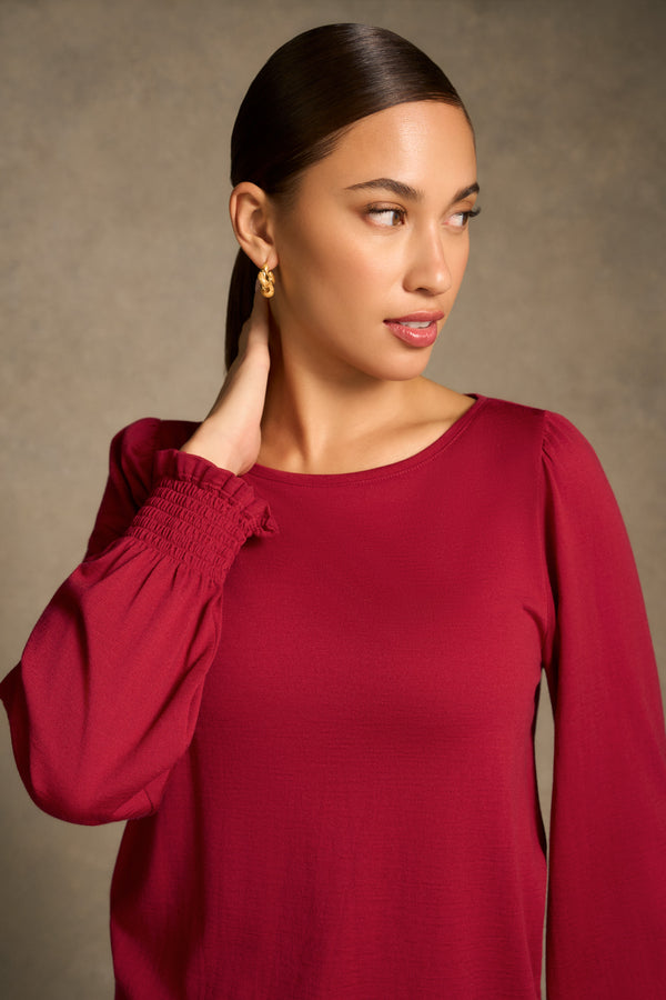Shirred Cuff Merino Top - Crimson