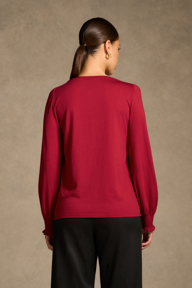 Shirred Cuff Merino Top - Crimson