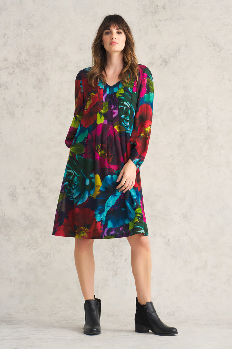 Pleated Georgette Dress - Oversized Floral Print