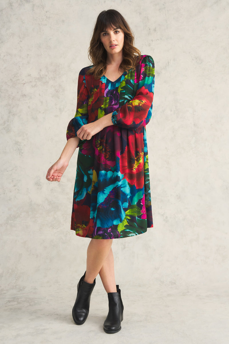 Pleated Georgette Dress - Oversized Floral Print