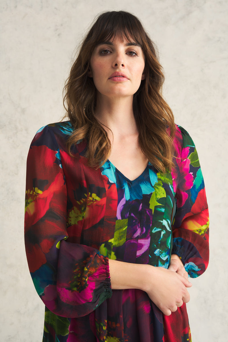 Pleated Georgette Dress - Oversized Floral Print