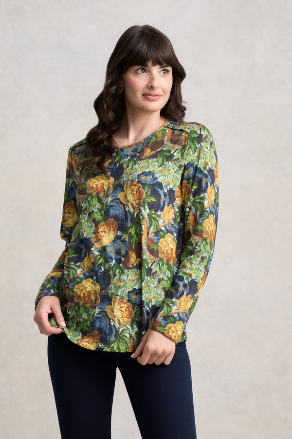 Long Sleeve Button Detail T-Shirt - Peony Print