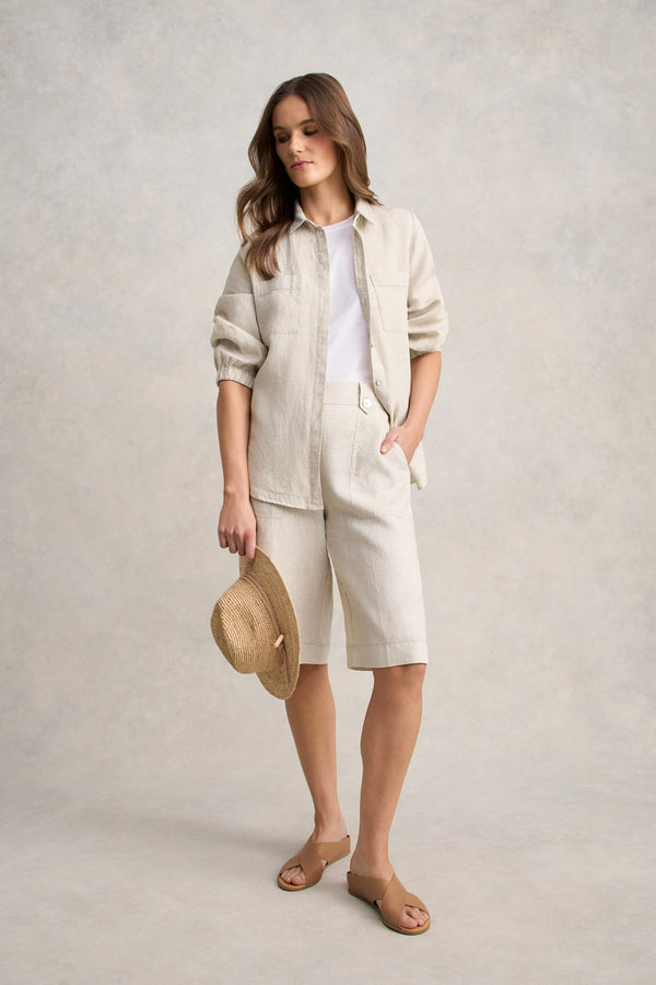 Waist Tab Linen Short - Natural Cross Dye