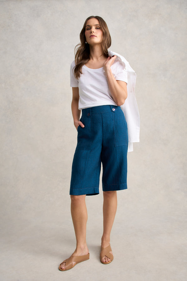 Waist Tab Linen Short - Navy Delave