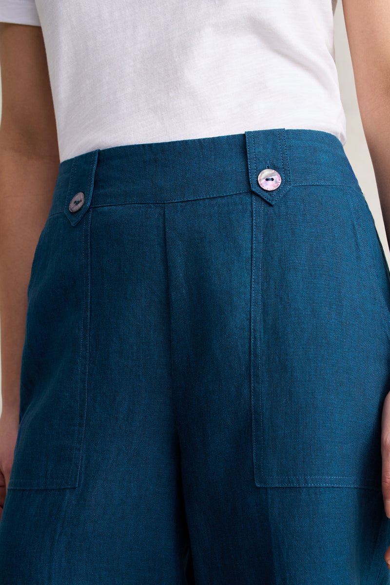Waist Tab Linen Short - Navy Delave