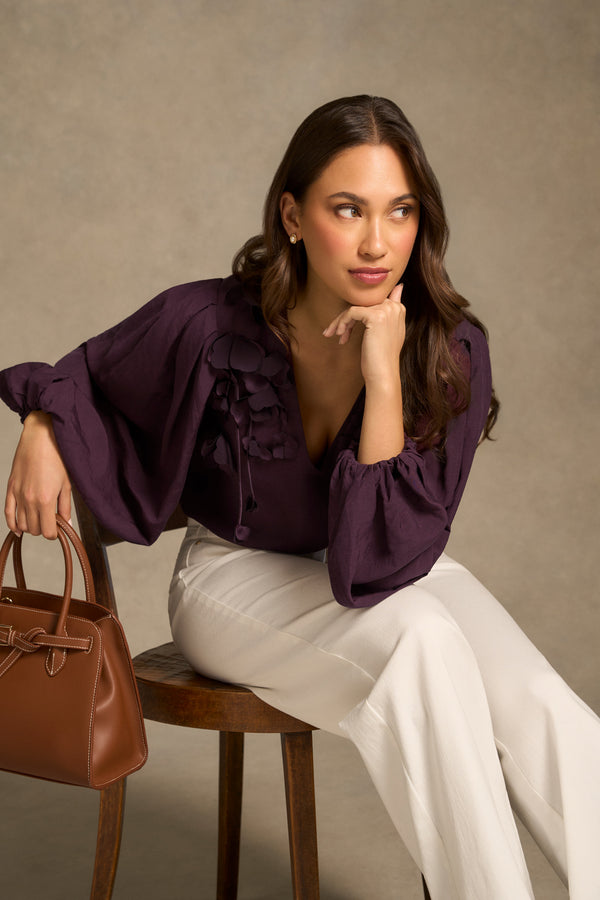 Floral Appliqué Blouse - Cherry