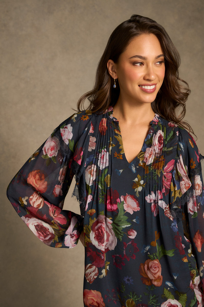 Frill Detail Printed Blouse - Ink Botanic Print