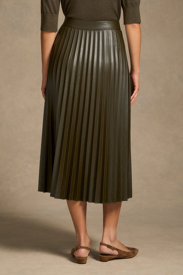 Pleated Faux Leather Skirt - Olive