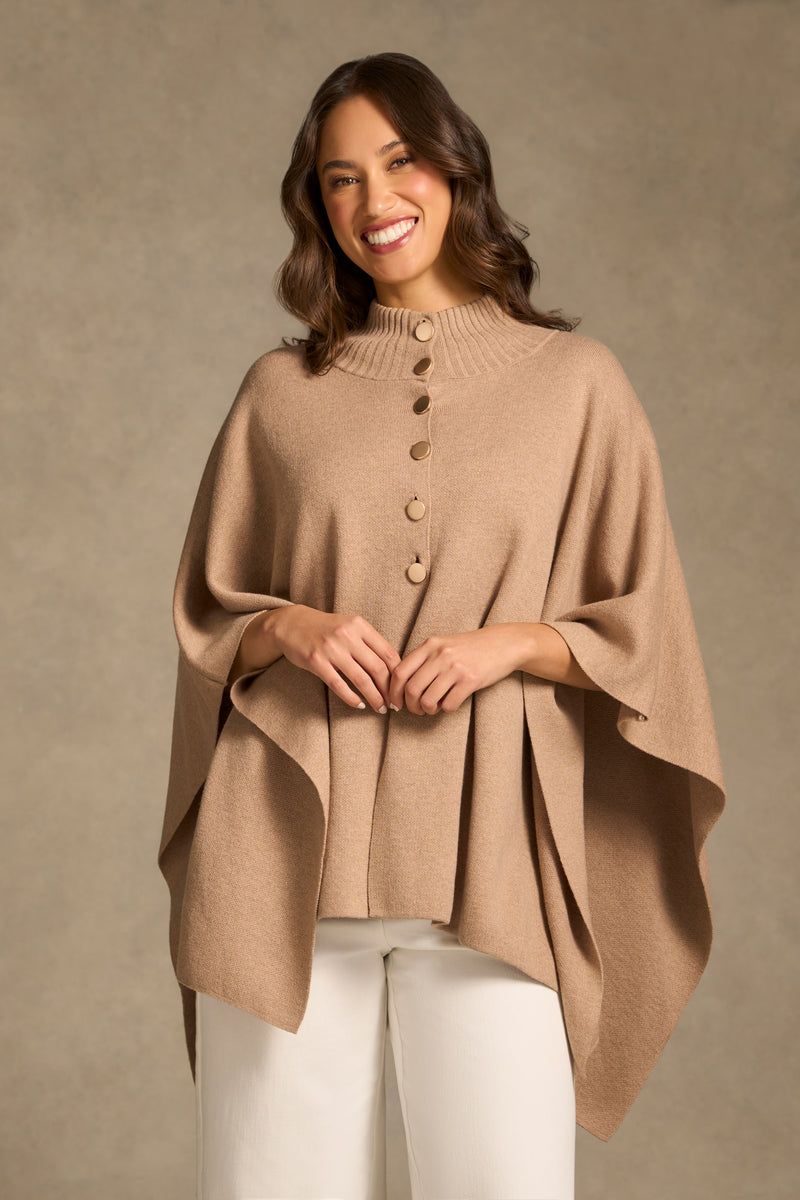 Button Front Poncho - Camel