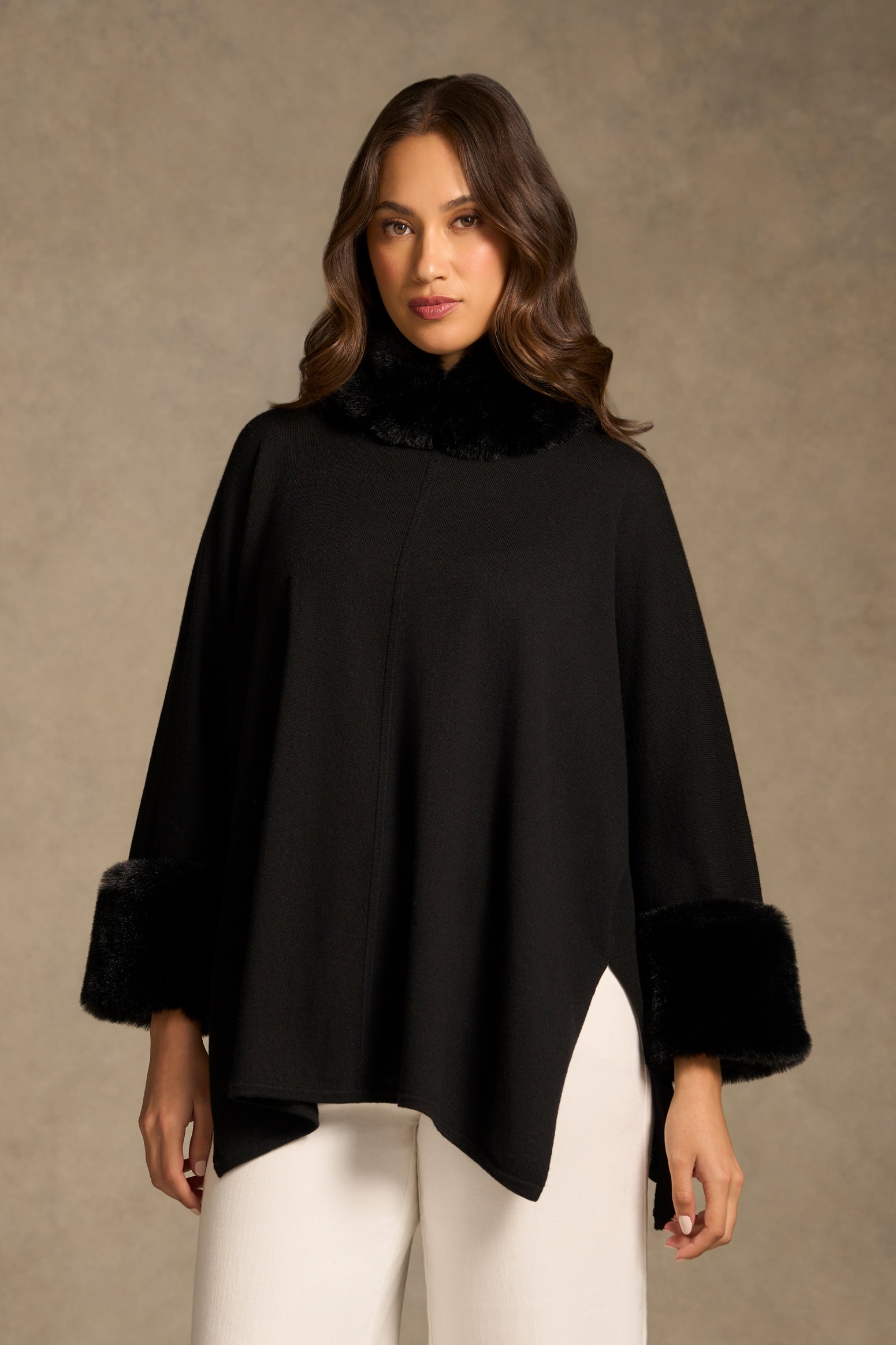 Faux Fur Trim Poncho - Black – Blue Illusion