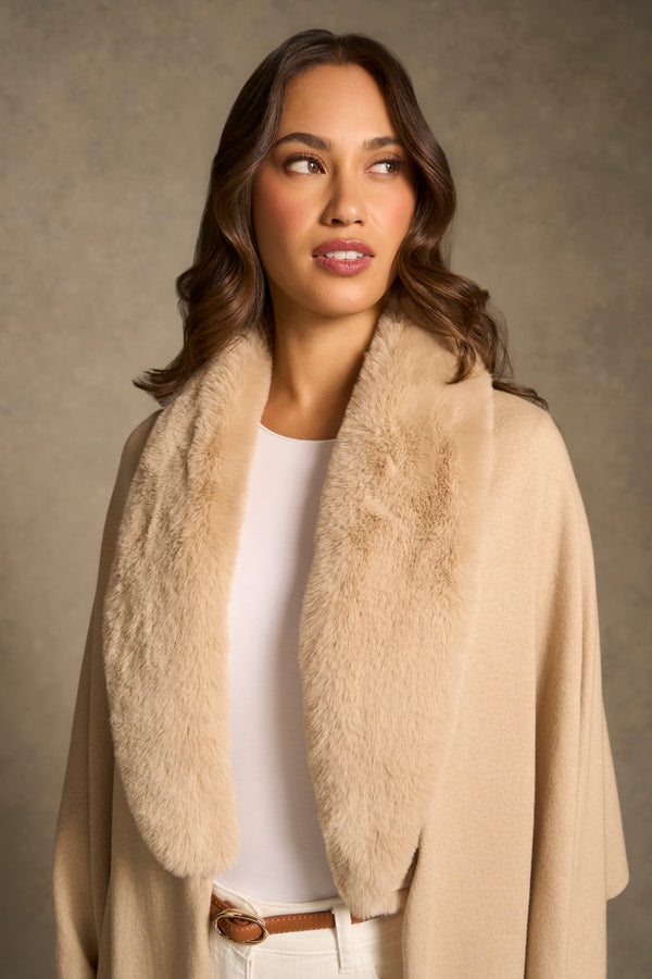 Faux Fur Trim Wrap - Almond