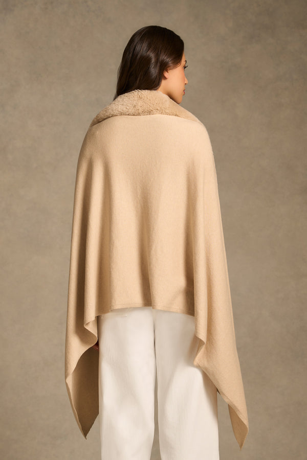 Faux Fur Trim Wrap - Almond