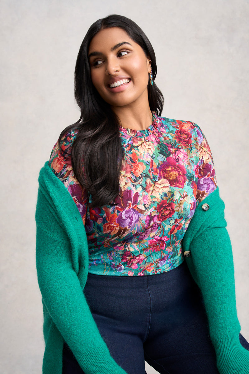 Soft Frill Detail Top - Jade Botanical Print