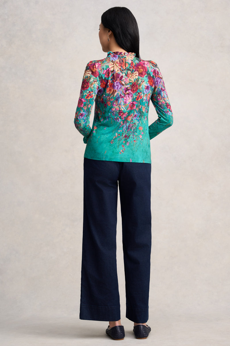 Soft Frill Detail Top - Jade Botanical Print