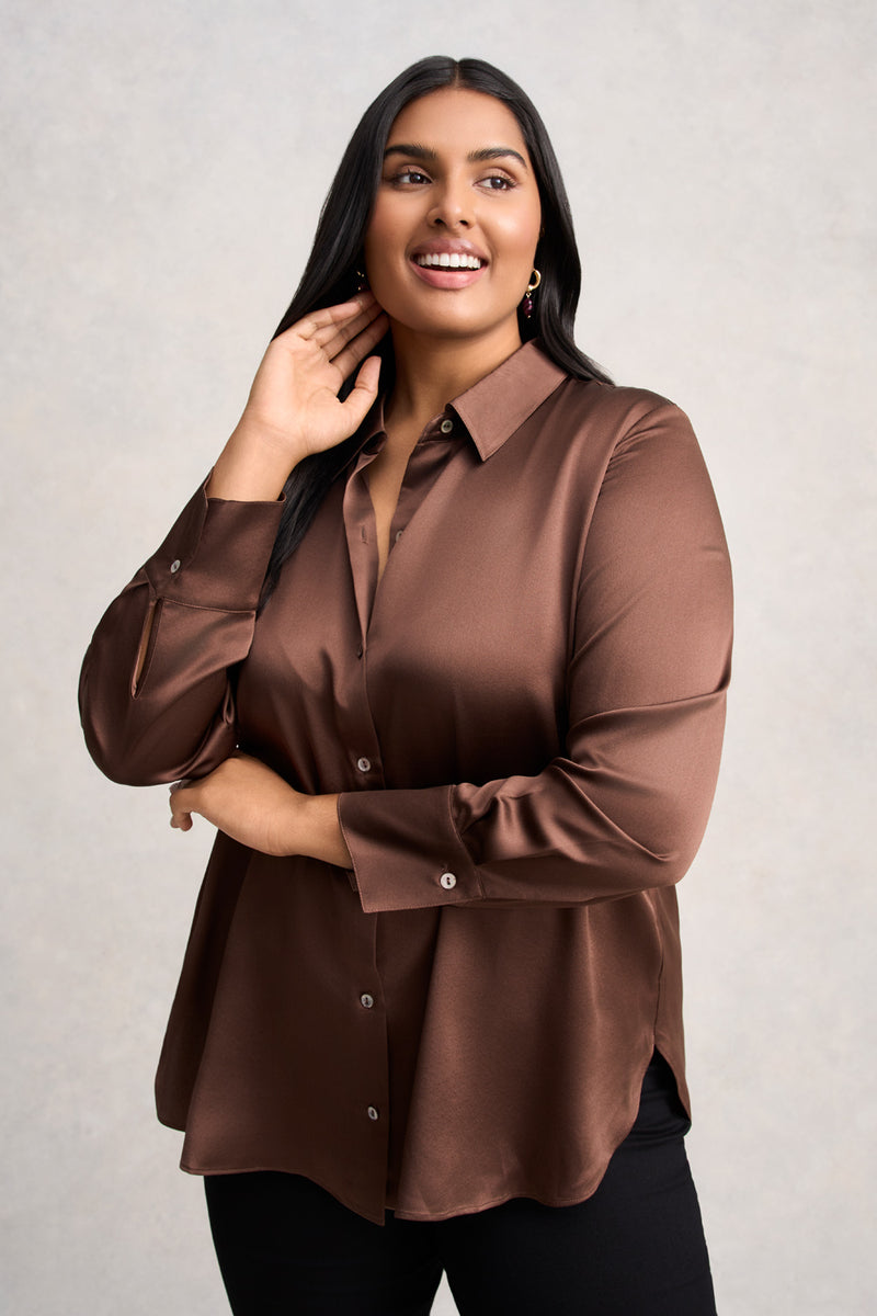 Stretch Silk Shirt - Coffee