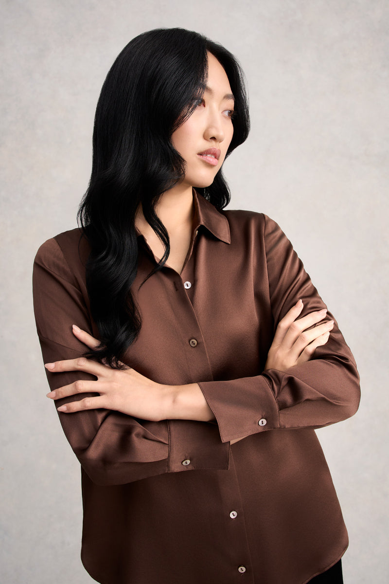 Stretch Silk Shirt - Coffee