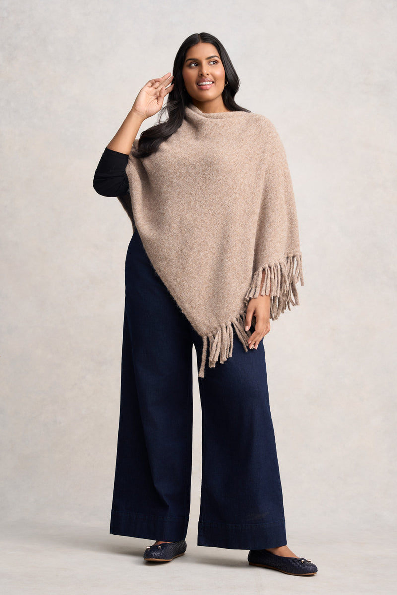 Wool Blend Tassel Trim Poncho - Taupe Marle