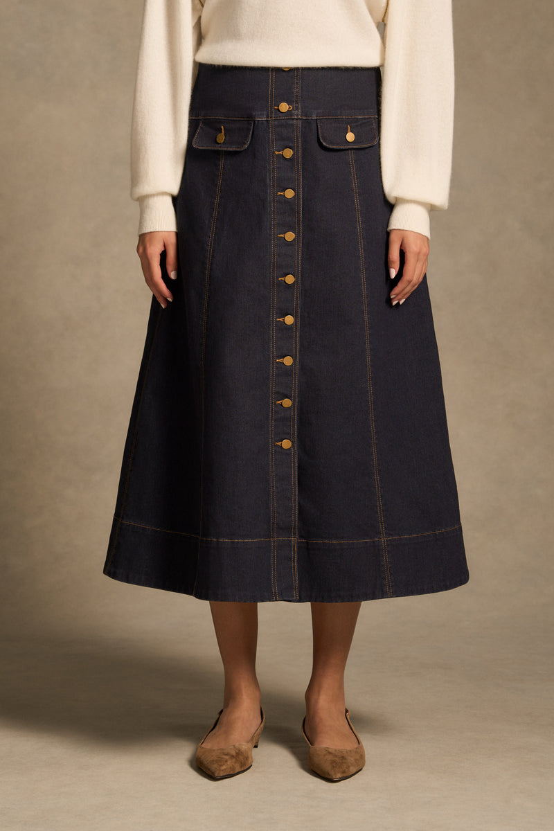 Button Front Denim Skirt - Dark Denim