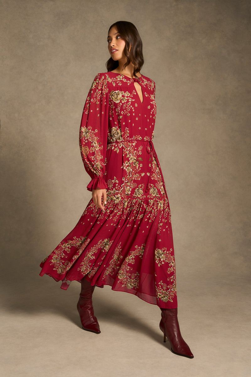 Knot Neck Midi Dress - Crimson Bloom Print