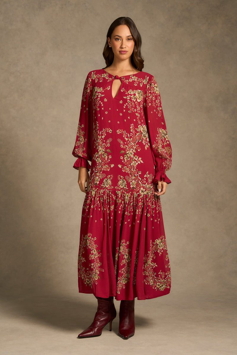 Knot Neck Midi Dress - Crimson Bloom Print