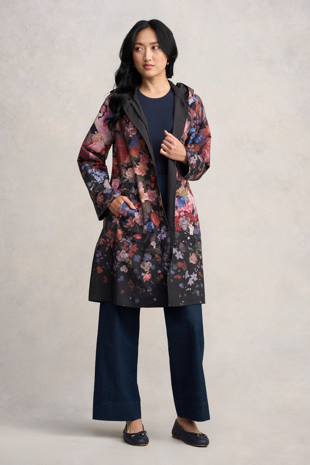 Blue Floral Floral Raincoats Women's Floral Waterproof Cotton