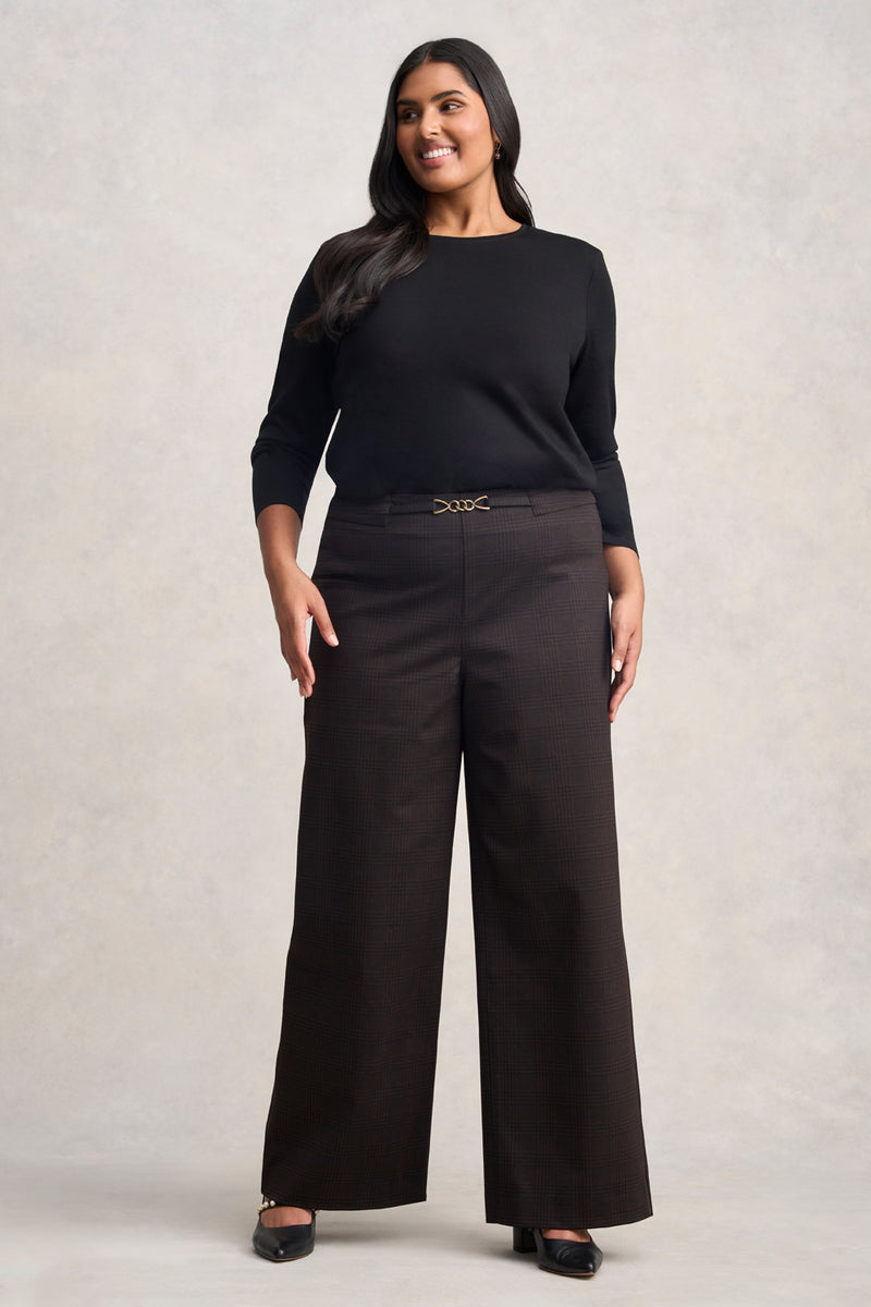 Wide Leg Ponte Pant - Black & Brown Check