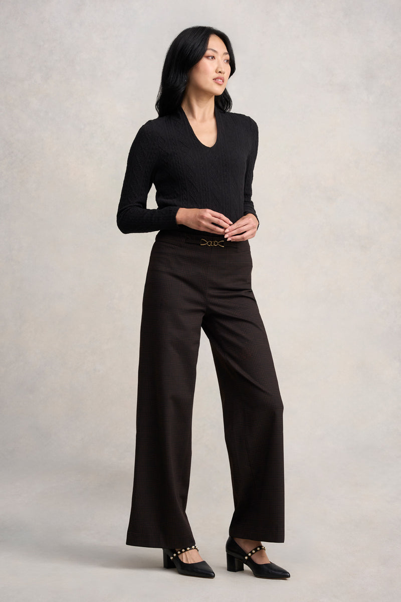 Wide Leg Ponte Pant - Black & Brown Check