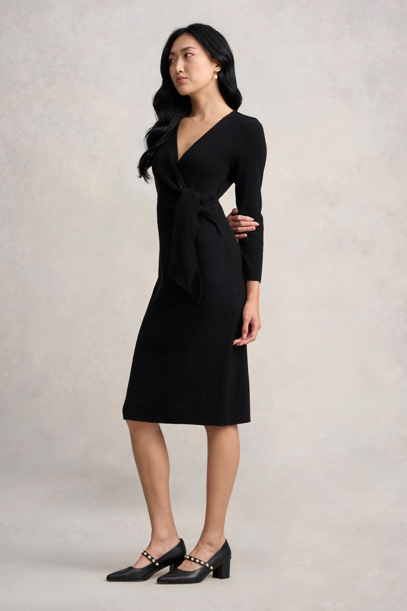 Wrap Detail Knit Dress - Black Blue Illusion Wrap Detail Knit Dress - Black Blue Illusion