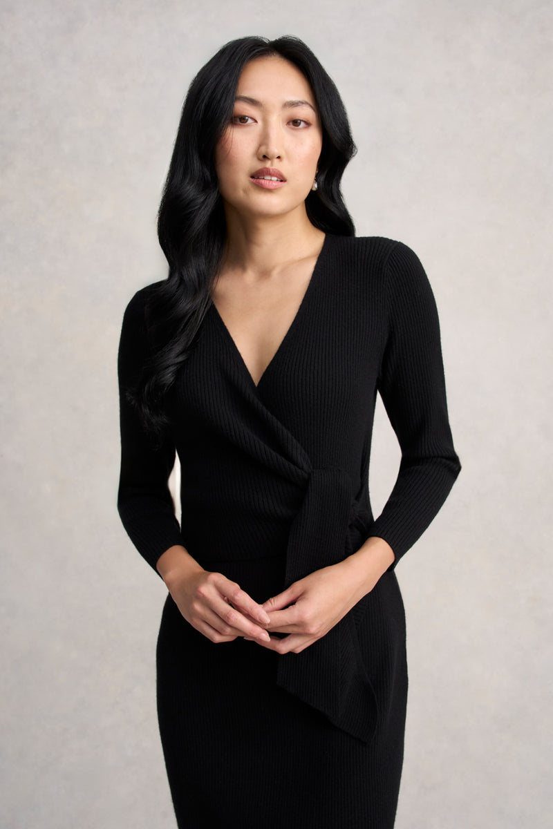 Wrap Detail Knit Dress - Black Blue Illusion Wrap Detail Knit Dress - Black Blue Illusion