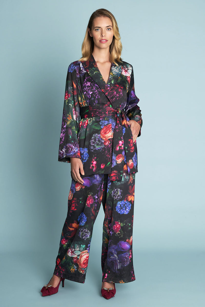 Printed Satin Jacket - Dark Floral Print