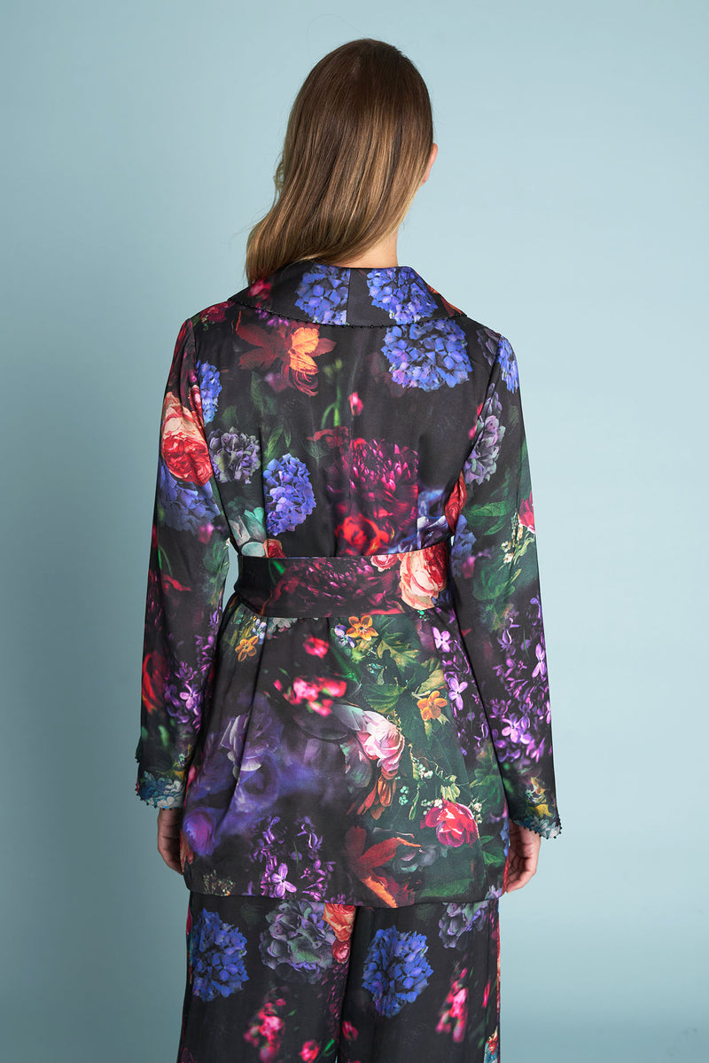 Printed Satin Jacket - Dark Floral Print
