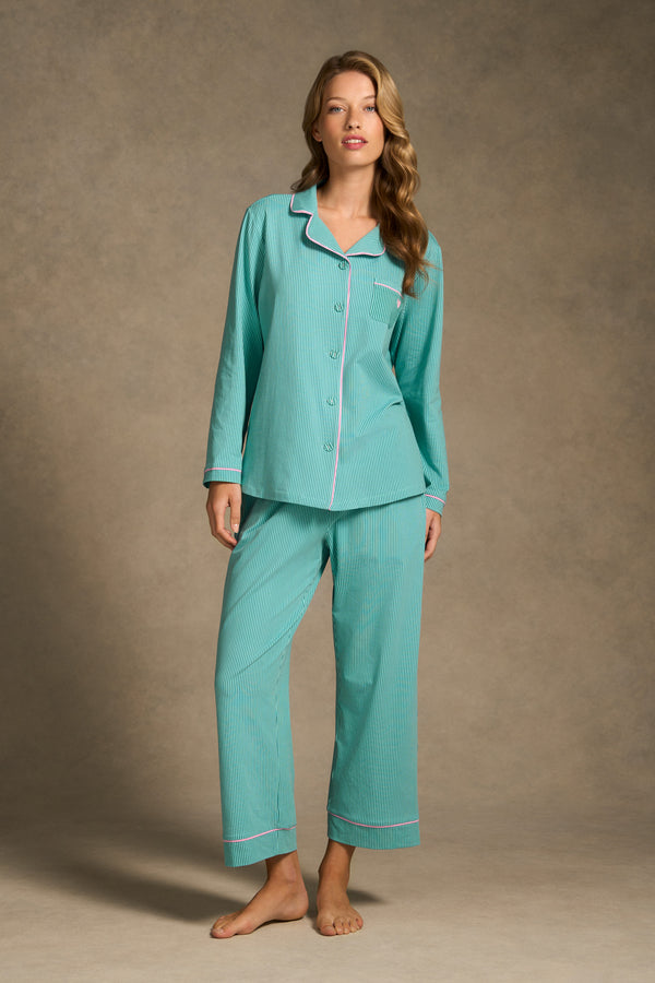 Printed Winter PJ - Teal & Aqua Stripe