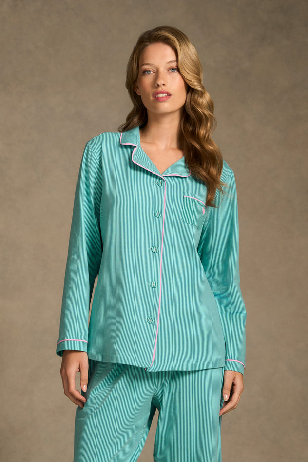 Printed Winter PJ - Teal & Aqua Stripe