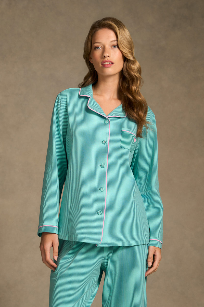 Printed Winter PJ - Teal & Aqua Stripe