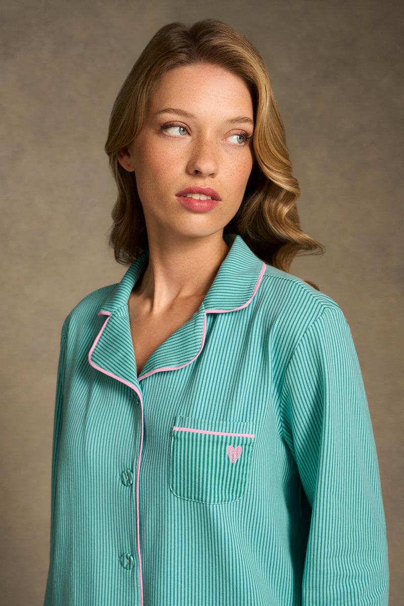 Printed Winter PJ - Teal & Aqua Stripe