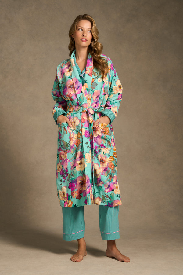 Printed Velour Robe - Azure Floral Print