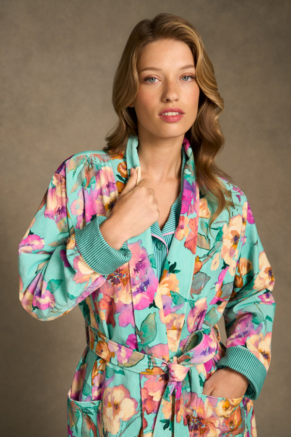 Printed Velour Robe - Azure Floral Print