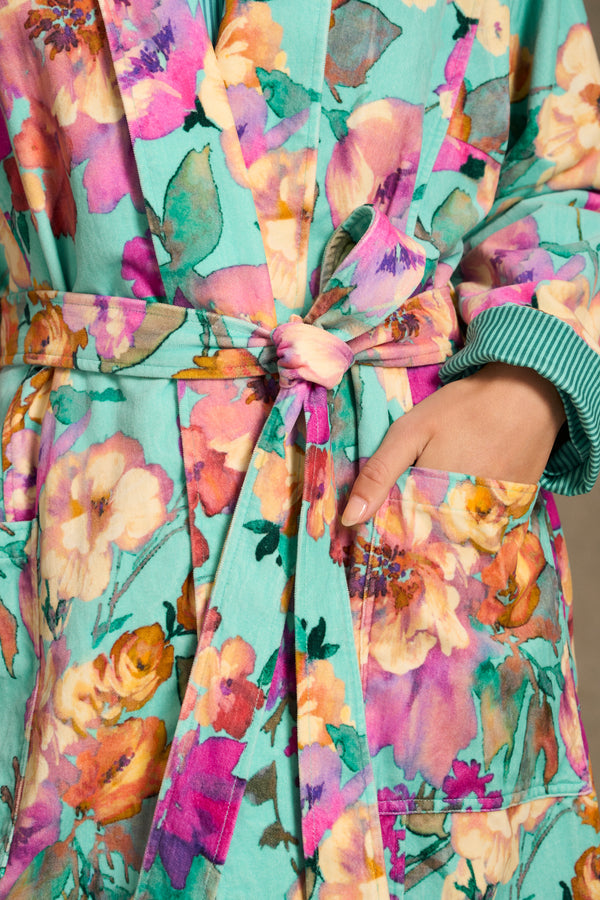 Printed Velour Robe - Azure Floral Print