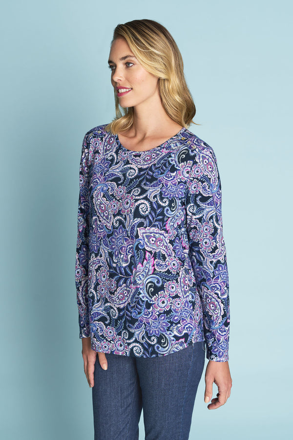 Long Sleeve Print T-Shirt - Abstract Paisley Print