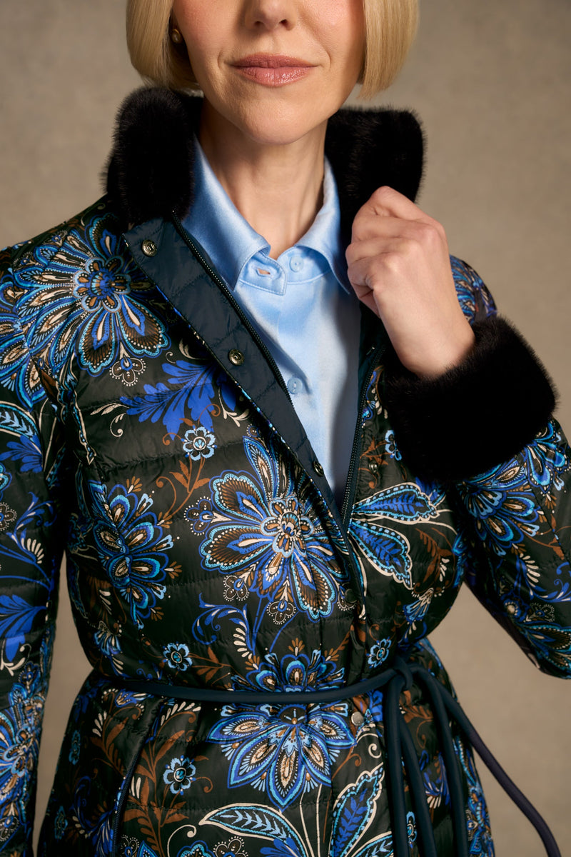 Fur Trim Reversible Puffer - Indigo Chintz Print
