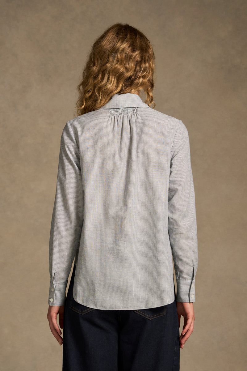 Lurex Stripe Shirred Shirt - Navy & White Pinstripe