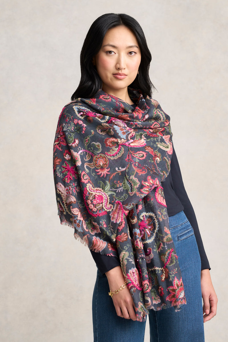 Embellished Paisley Wool Scarf - Multicolour