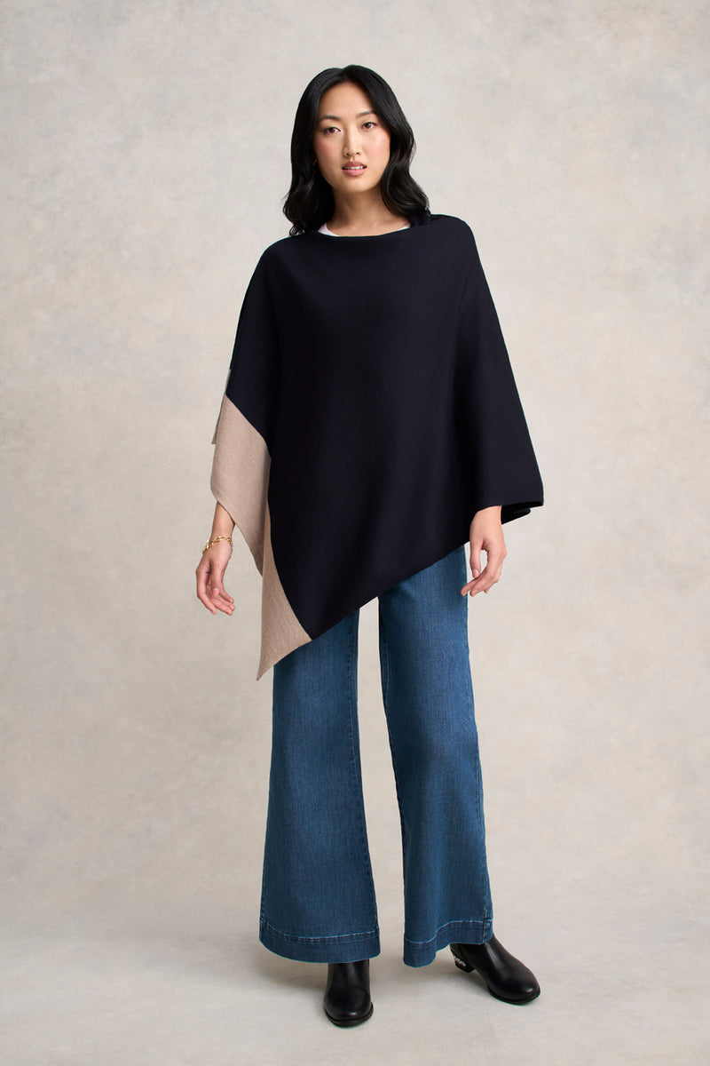 Contrast Trim Merino Poncho - Ink & Taupe