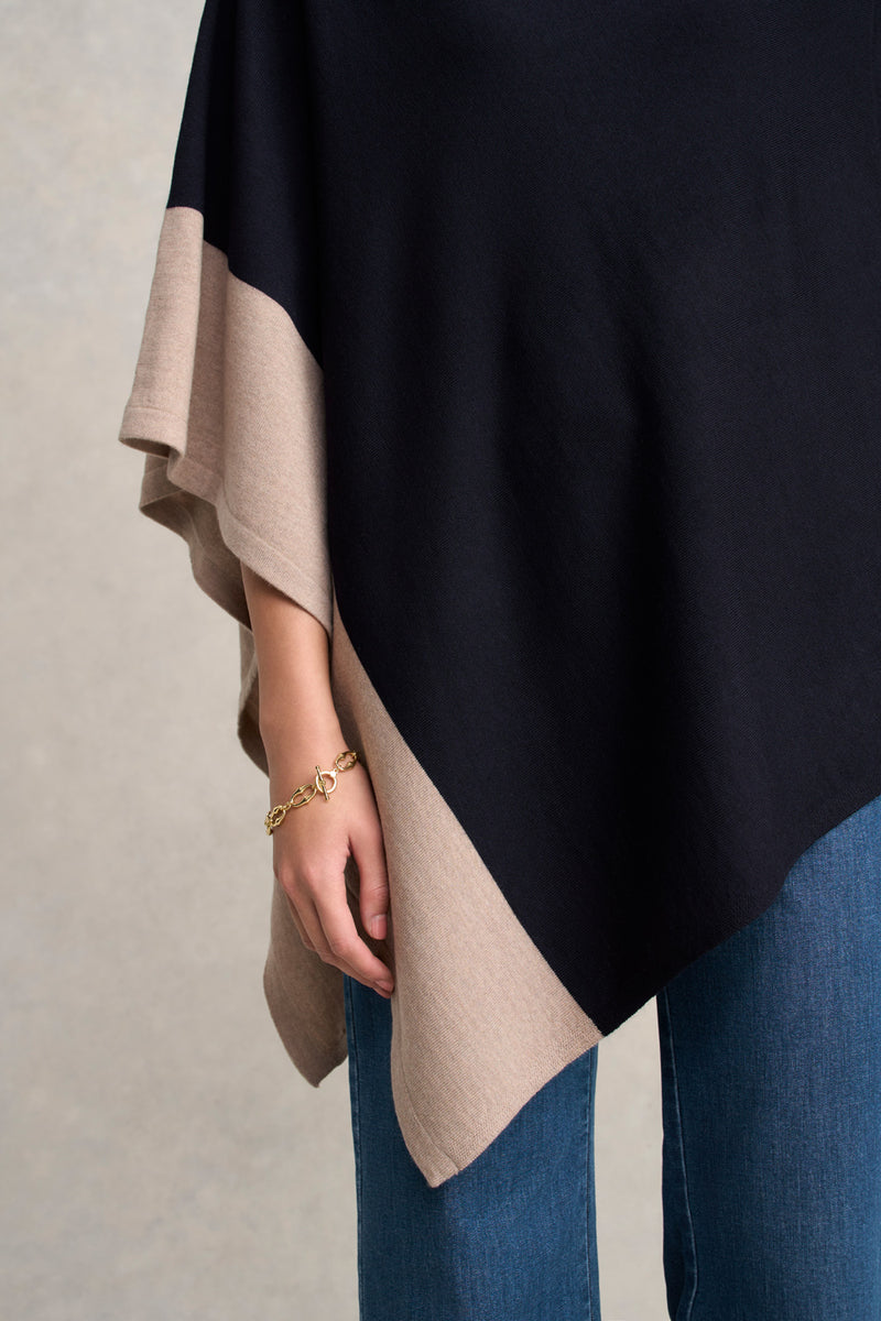 Contrast Trim Merino Poncho - Ink & Taupe