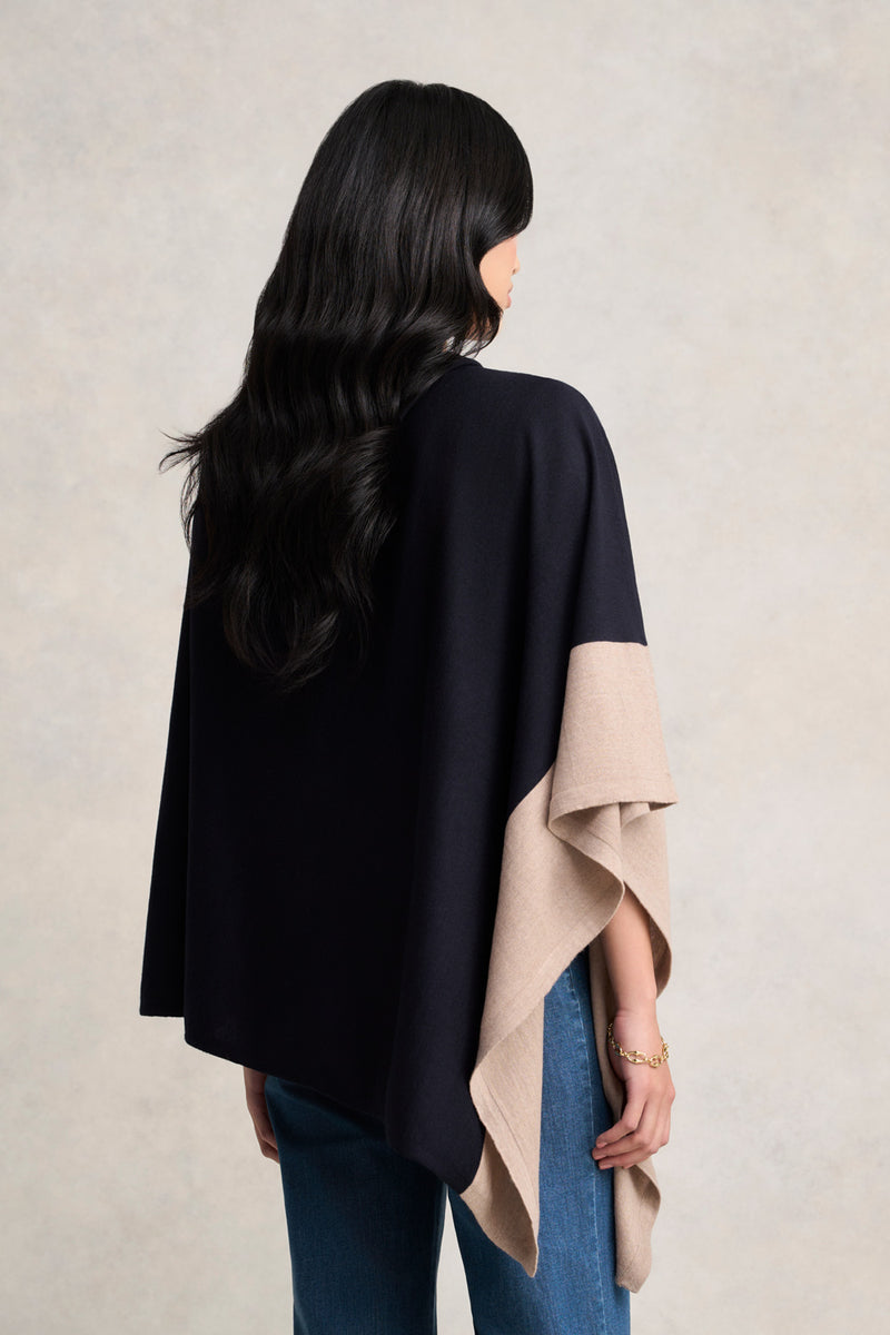 Contrast Trim Merino Poncho - Ink & Taupe