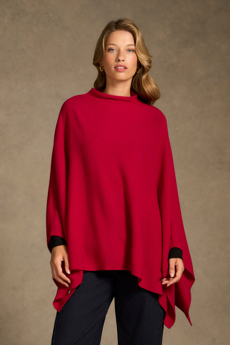 Funnel Neck Poncho - Red