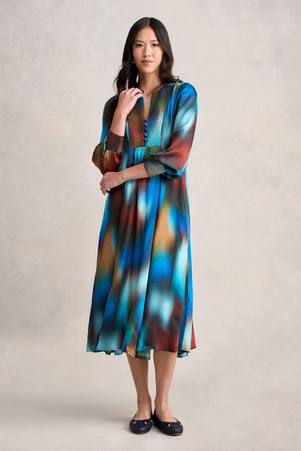 Beaded Smock Dress Ombre Print – Blue Illusion
