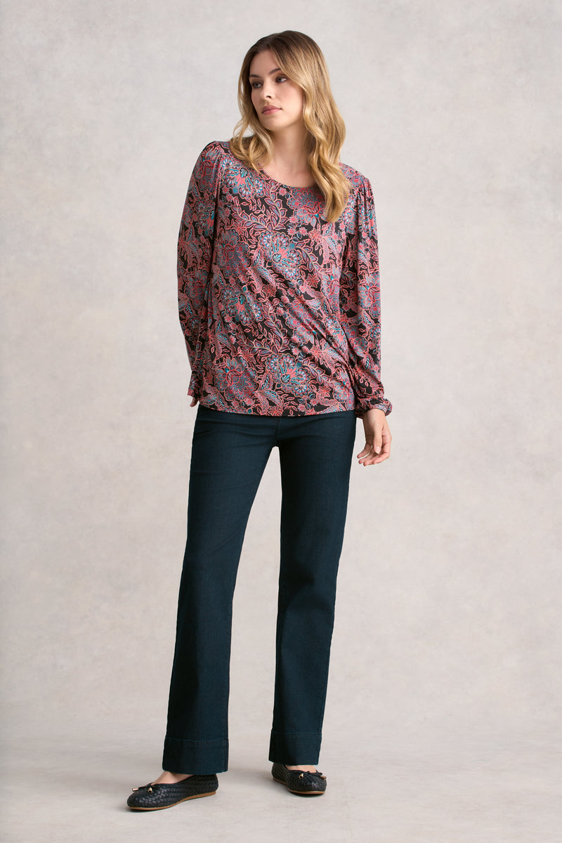 Printed Long Sleeve Scoop Neck Top - Intricate Floral