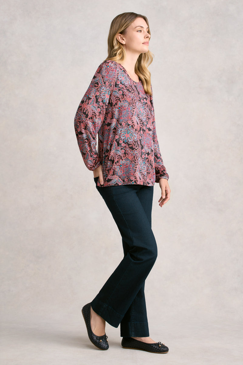 Printed Long Sleeve Scoop Neck Top - Intricate Floral