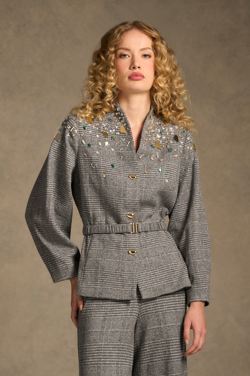 Sculpted Beaded Check Jacket - Glen Check